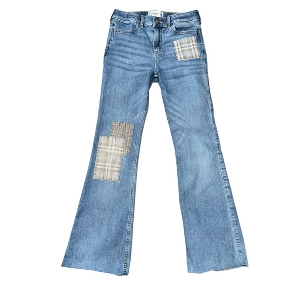 Abercrombie Kids Girls 11/12 Blue Patches Faded  High-Rise Flare Denim Unhemmed - Picture 1 of 6
